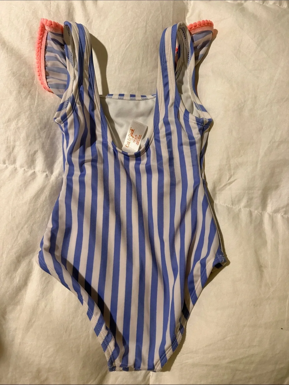 Cat & Jack Blue and White Striped Ruffle One-Piece Swimsuit with Pink Trim